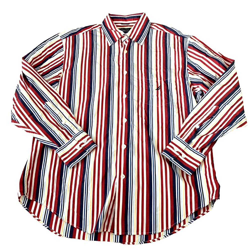 Nautica 80s Two-Ply Cotton Shirt Mens Size Medium Bright Stripe Long Sleeve
